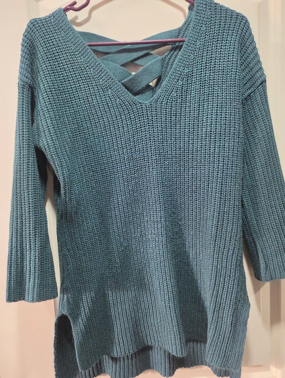 Allison Brittney Teal Crisscross V-Neck Sweater